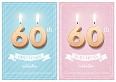 Burning number 60 birthday candles with vintage ribbon and birthday celebration text on textured blue and pink backgrounds in postcard format. Vector vertical sixtieth birthday invitation templates.