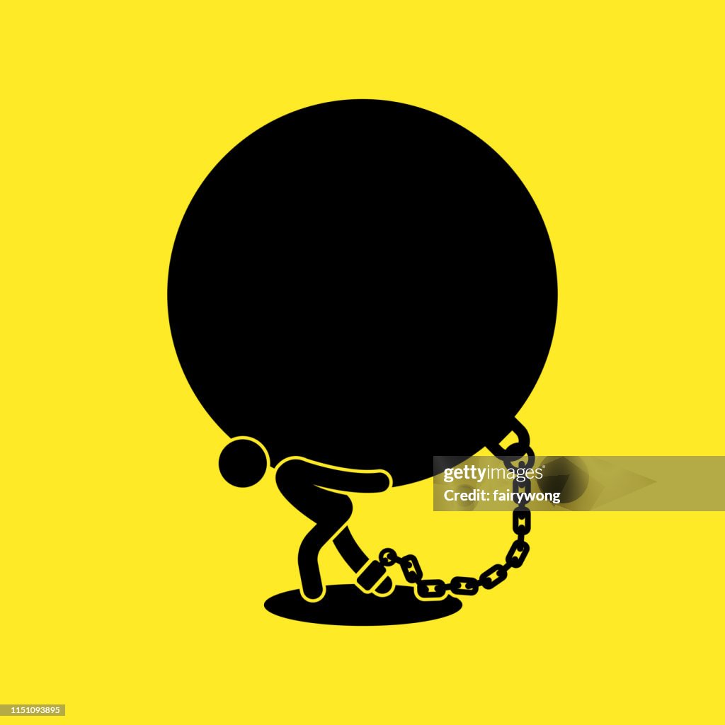 Zakenman die bal en ketting draagt, concept bedrijfs schuld vector illustratie