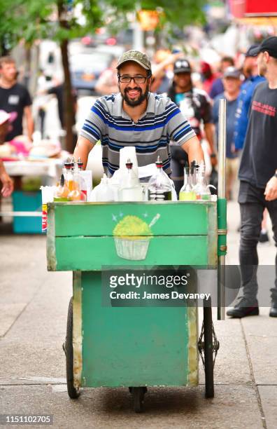 Lin-Manuel Miranda seen on location for 'In the Heights' in Washington Heights on June 20, 2019 in New York City.