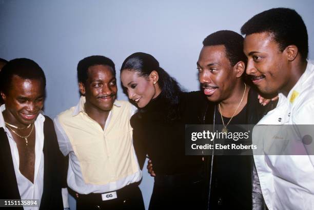 Sugar Ray Leonard, Donnie Simpson, Beverly Johnson, Eddie Murphy and Arsenio Hall at the premiere for the Fat Boys 'Disorderlies' movie in New York...