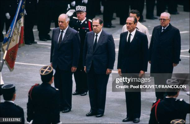 Renault public attack: Police funeral in Paris, France on September 18, 1986 - From left: Robert Pandrau, Charles Pasqua and Jacques Chirac.