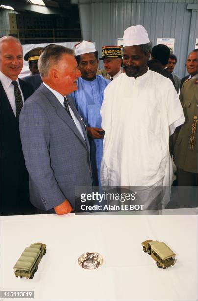 Hissein Habre visiting a weapons factory in Saint Nazaire, France on July 15, 1987 - Hissein Habre with ACMAT factory manager, ACMAT military trucks.