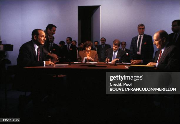 Debate with Jacques Chirac and Francois Mitterrand at the broadcasting house in Paris, France on April 28, 1988.