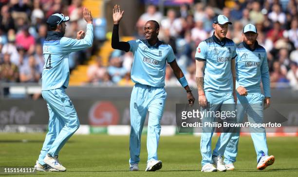 Jofra Archer of England celebrates after the dismissal of Dimuth Karunaratne of Sri Lanka during the ICC Cricket World Cup Group Match between...