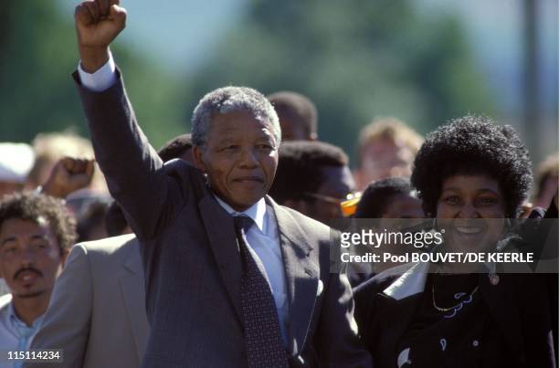Nelson Mandela's liberation in South Africa on February 11, 1990 - Nelson and Winnie Mandela outside Victor Verster jail.