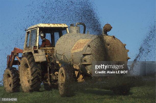 Water pollution by Nitrates in France on February 22, 1990 - Liquid manure spraying in Morbihan.