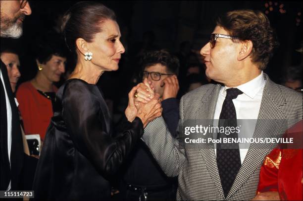 The night of the 40 years of Givenchy in Paris, France on October 21, 1991 - Audrey Hepburn and Yves Saint Laurent.