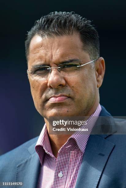 Sky TV presenter and commentator Waqar Younis before the fifth One Day International between England and Pakistan at Headingley on May 19, 2019 in...