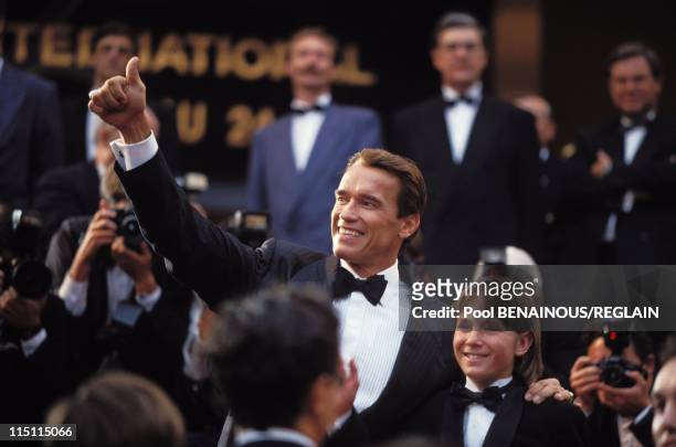 Arnold Schwarzenegger presents "Last action hero" at Cannes Film Festival in Cannes, France on May 14, 1993.