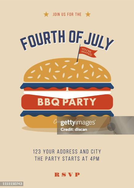 fourth of july bbq party invitation. template - burger with flag stock illustrations