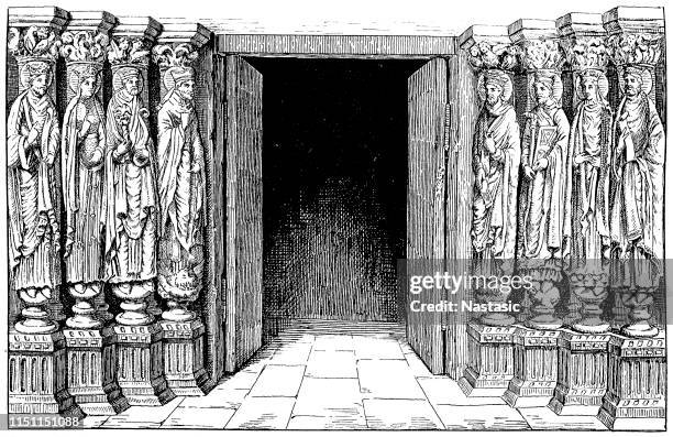 ilustraciones, imágenes clip art, dibujos animados e iconos de stock de portal de la abadía de st. germain de pres, parís, con estatuas del rey franco clovis, y sus hijos ingomer, chlodomer, childebert, chlothar, clotilde y theuderic - abadía