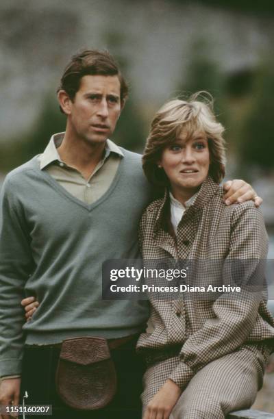 Princess Diana, Princess of Wales and Prince Charles, Prince of Wales, on their honeymoon in Balmoral by the River Dee, August 1981; Diana is wearing...