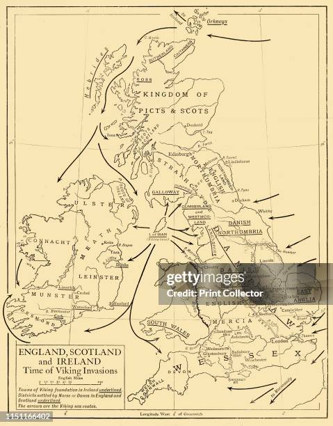 England, Scotland and Ireland - Time of Viking Invasions', 1926. Map of Britain during the 9th-11th century. 'Towns of Viking foundation in Ireland...