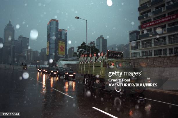 The Handover of HongKong to China in Hong Kong city, Hong Kong on June 29, 1997 - Chinese troops arrive at the Prince Charles barracks in Hong Kong.