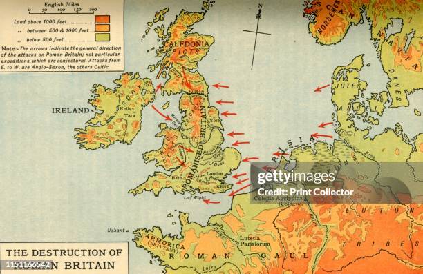 The Destruction of Roman Britain', 1926. Map of Britain showing invasions towards the end of the Roman period . 'The arrows indicate the general...