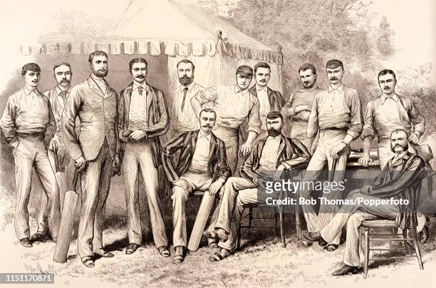 Vintage illustration featuring the Australia cricket team in England, circa 1882. Left to right, back row: Sammy Jones, Alexander Bannerman, George...