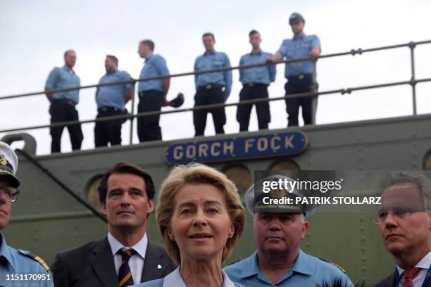 German Defence Minister Ursula von der Leyen talks to medias as she visits the naval training sailing ship "Gorch Fock" at a dock of the Bredo...