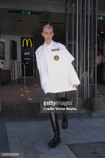 Model walks the runway during the Vetements Menswear Spring Summer 2020 show at McDonalds on Champs-Elysees as part of Paris Fashion Week on June 20,...