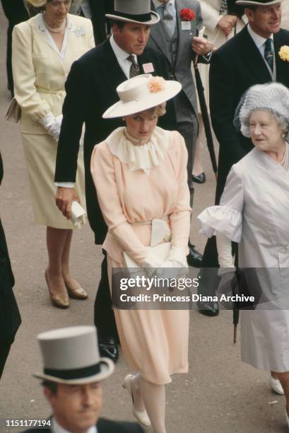 Lady Diana Spencer and the Queen Mother attend the races at Ascot, England, June 1981. This is Diana's first Ascot meeting with the royal family....