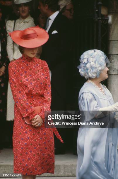 Lady Diana Spencer and the Queen Mother attend the wedding of Nicholas Soames and Catherine Weatherall at St Margaret's Church in London, 4th June...