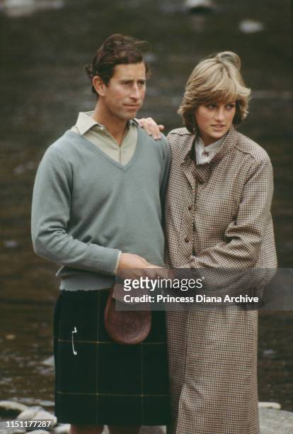 Prince Charles and Diana, Princess of Wales on the banks of the River Dee in Balmoral, Scotland, at the end of their honeymoon, September 1981. She...