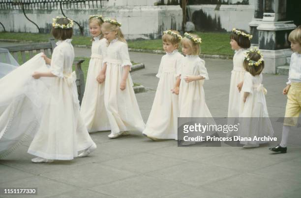 Bridesmaids at the wedding of Nicholas Soames and Catherine Weatherall at St Margaret's Church in London, 4th June 1981.