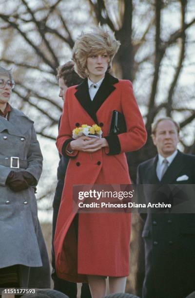 Diana, Princess of Wales wearing a Catherine Walker coat to the Charlie Chaplin Adventure Playground for handicapped children in Kennington, South...