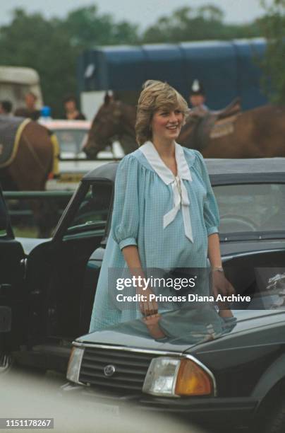 Diana, Princess of Wales wearing a maternity dress at a polo match in Windsor, May 1982.