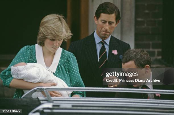 The Prince and Princess of Wales leave the Lindo Wing of St Mary's Hospital in London, with their one-day-old baby son Prince William, 22nd June 1982.