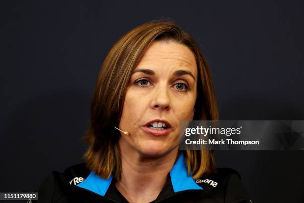 Williams Deputy Team Principal Claire Williams talks in the Team Principals Press Conference during practice for the F1 Grand Prix of Monaco at...