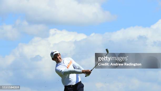 Edoardo Molinari of Italy plays his third shot on the eighth hole during Day One of the Made in Denmark at Himmerland Golf & Spa Resort on May 23,...