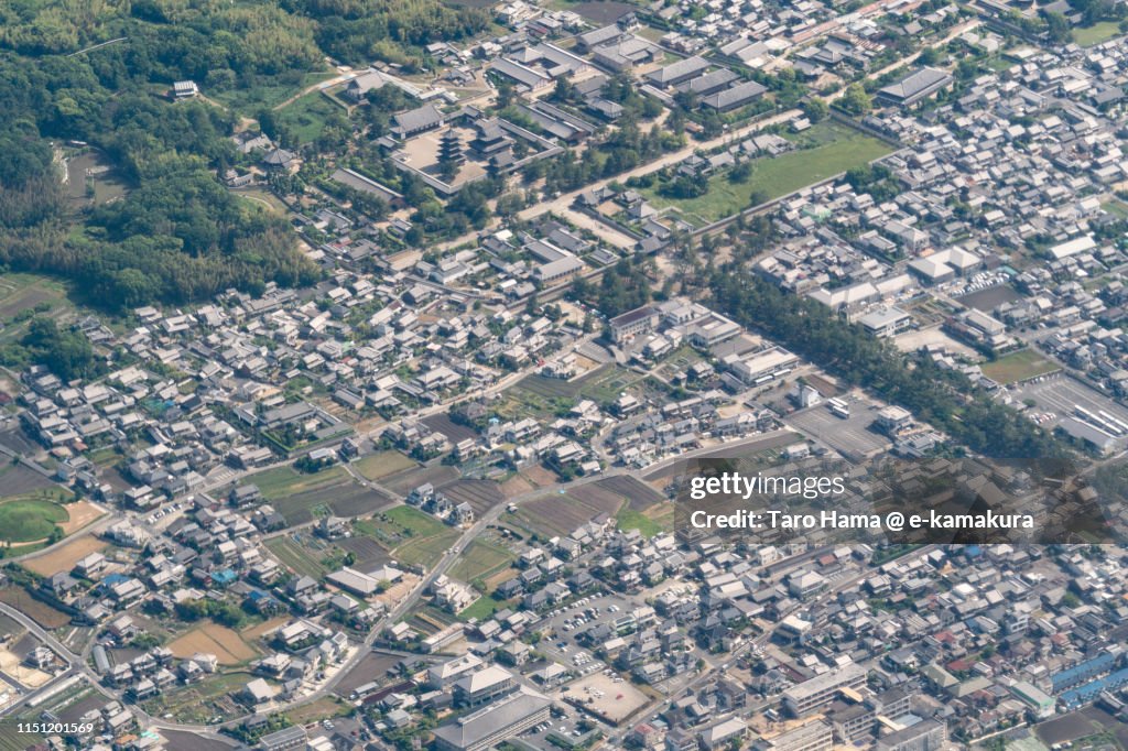 Horyuji Temple in Japan daytime aerial view from airplane