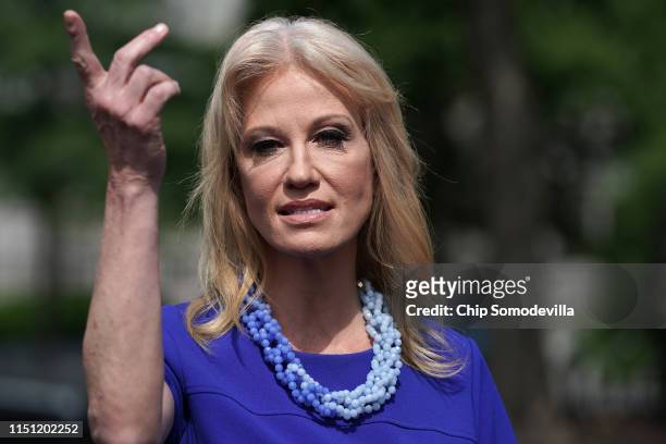 White House Counselor to the President Kellyanne Conway talks to reporters following an interview with FOX News outside the West Wing May 23, 2019 in...
