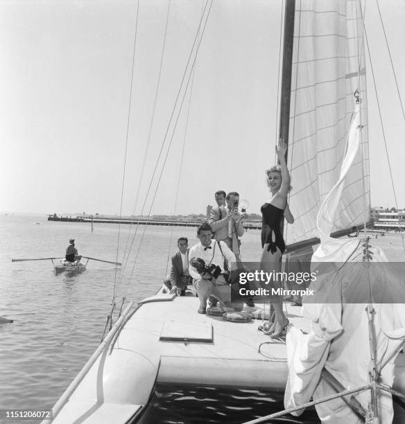 Venice Film Festival, Friday 31st August 1956; pictured is Italian actress Sandra Milo poses for pictures on a Catamaran.