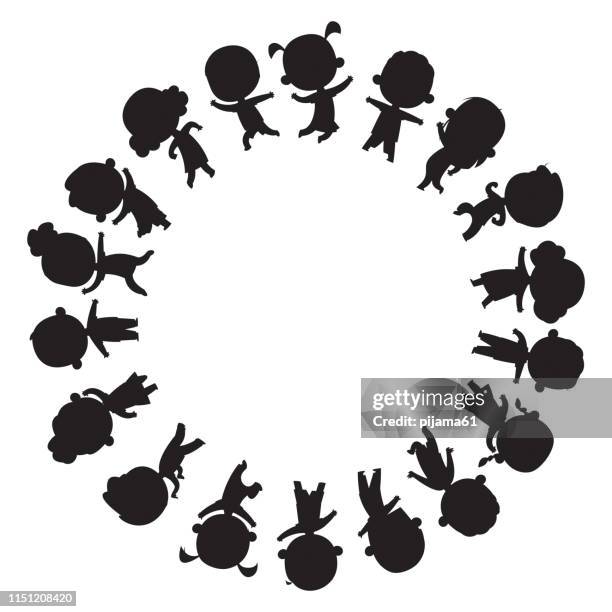 circle frames with children silhouettes dancing - black boy dancing stock illustrations
