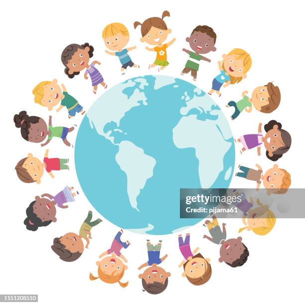 stockillustraties, clipart, cartoons en iconen met gelukkige kinderen frame - child globe