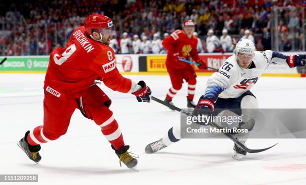 Alexander Ovechkin of Russia challenges Brady Skjei of United States during the 2019 IIHF Ice Hockey World Championship Slovakia quarter final game...