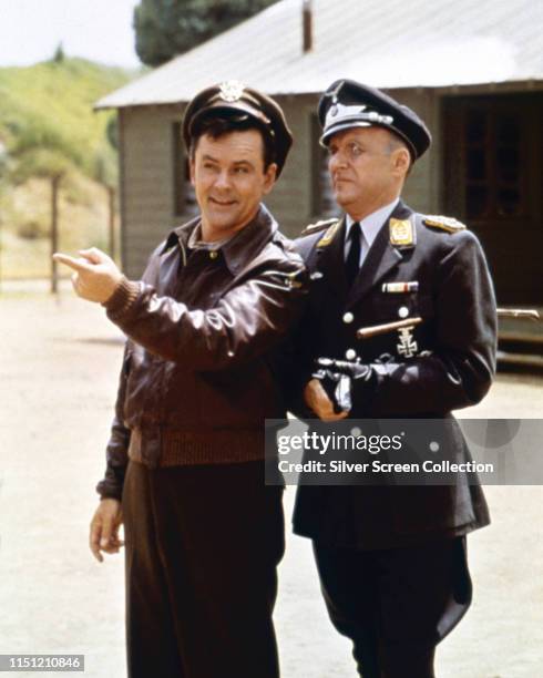 Actors Bob Crane as Colonel Robert E. Hogan and Werner Klemperer as Colonel Wilhelm Klink in the television series 'Hogan's Heroes', circa 1967.