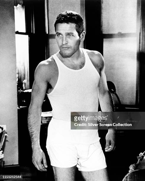 American actor Paul Newman in his underwear on the set of the movie 'Harper', 1966.