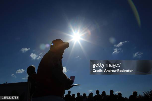 Lee Westwood of England prepares to play a shot on the 18th tee during Day One of the Made in Denmark at Himmerland Golf & Spa Resort on May 23, 2019...