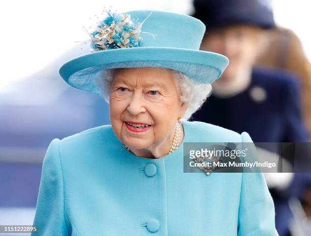 Queen Elizabeth II visits the British Airways headquarters to mark their centenary year at Heathrow Airport on May 23, 2019 in London, England.