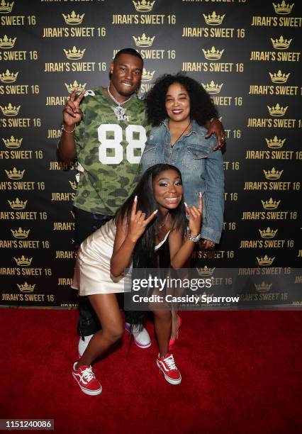 KalanFrFr, Jirah Mayweather and Josie Harris attend Jirah Mayweather's Sweet 16 Birthday Party at Hyatt In Valencia on June 20, 2019 in Valencia,...