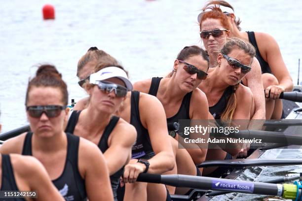 Ruby Tew, Emma Dyke, Lucy Spoors, Kelsey Bevan of New Zealand compete Womens Eight during 2019 World Rowing Cup II on June 21, 2019 in Poznan, Poland.