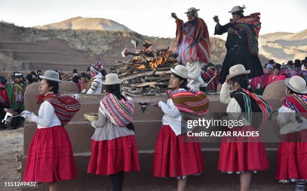 Aymara indigenous people take part in a ceremony on the Aymara New Year, on June 21, 2019 in Tiwanaku, 70 km from La Paz, Bolivia. - This winter...