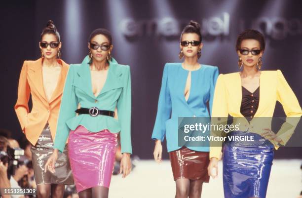 Model walks the runway at the Ungaro Ready to Wear Spring/Summer 1989 fashion show during the Paris Fashion Week in October, 1988 in Paris, France.