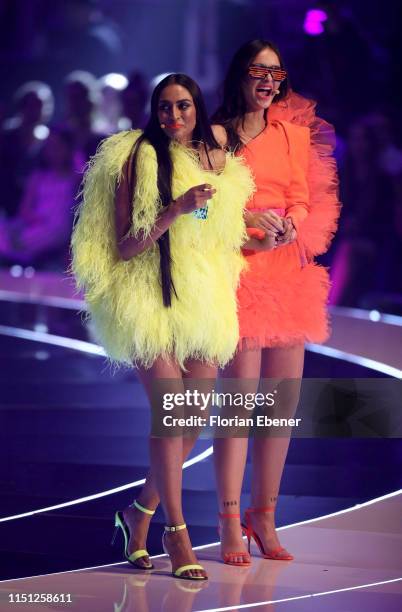 Sayana Ranjan and Cacilia Zimmer at the "Germany's Next Top Model" finals at ISS Dome on May 23, 2019 in Duesseldorf, Germany.