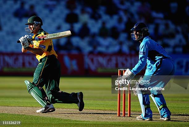 David Hussey of Nottinghamshire hits out to the boundary during the Friends Life T20 match betwwen Nottinghamshire Outlaws and Derbyshire Falcons at...