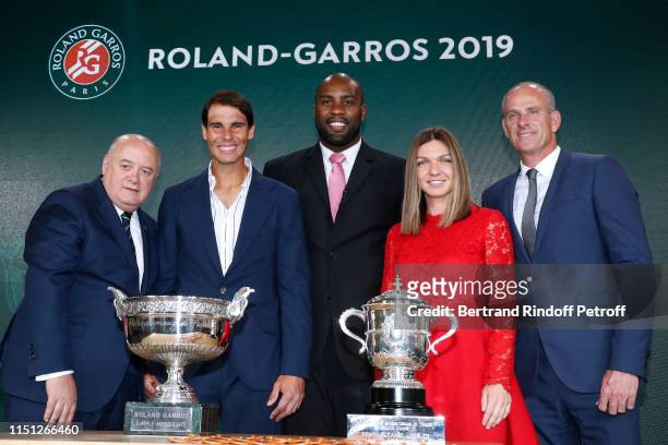 President of French Tennis Federation Bernard Giudicelli, Rafael Nadal, Teddy Riner, Simona Halep and Director of Roland Garros tournament, Guy...
