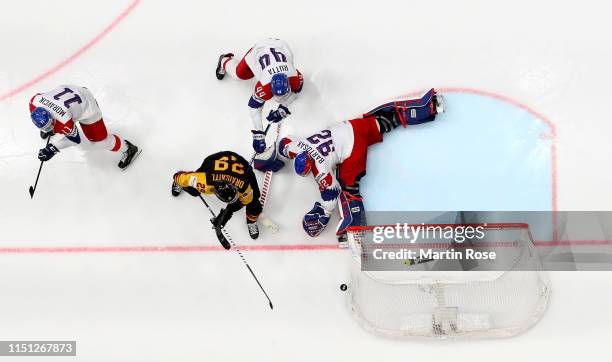 Patrik Bartosak, goaltender of Czech Republic makes a save on Leaon Draisaitl of Germany during the 2019 IIHF Ice Hockey World Championship Slovakia...