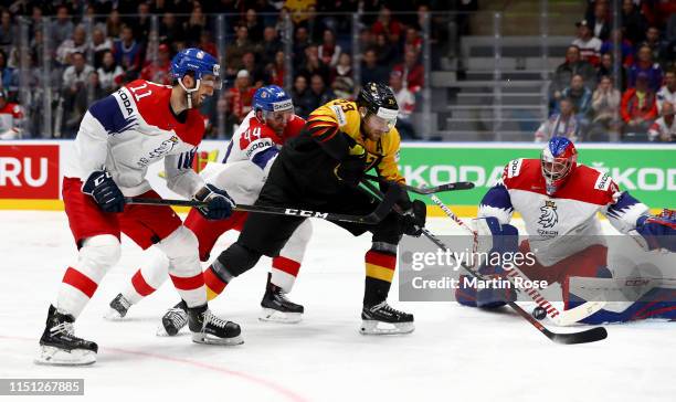 Patrik Bartosak, goaltender of Czech Republic makes a save on Leaon Draisaitl of Germany during the 2019 IIHF Ice Hockey World Championship Slovakia...